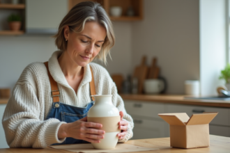 Femme emballant une vase en céramique fragile