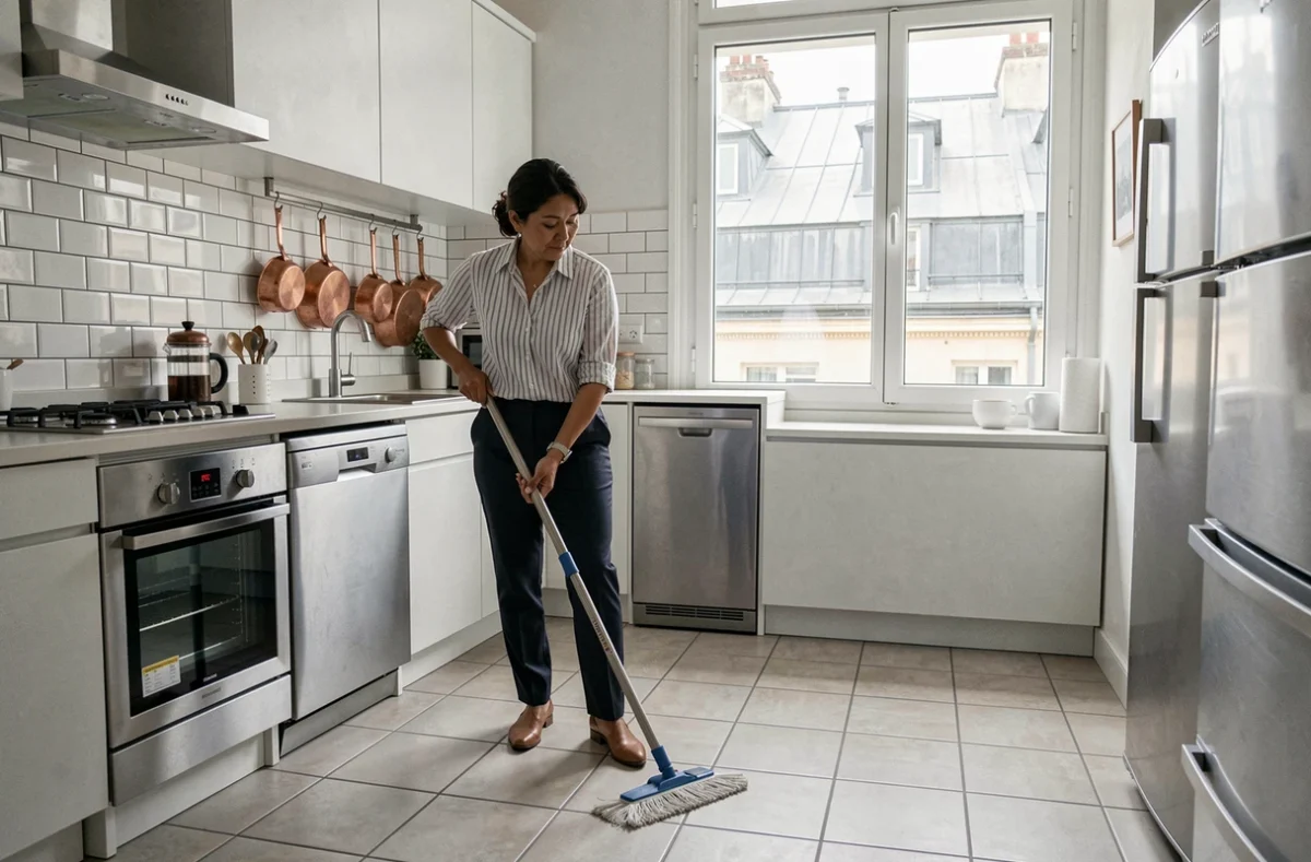Employée de maison philippine faisant le ménage dans une cuisine moderne à Paris