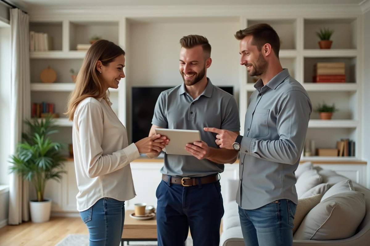 Jeune entrepreneur discutant avec un couple dans le salon rénové