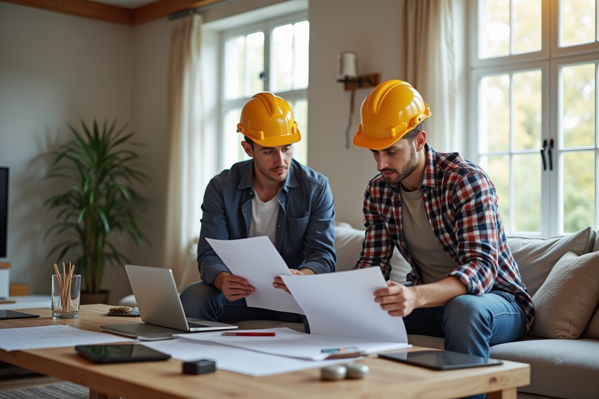 Entrepreneurs discutant de travaux dans une salle renovée