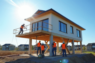 Équipe de construction levant une maison moderne sur des piliers