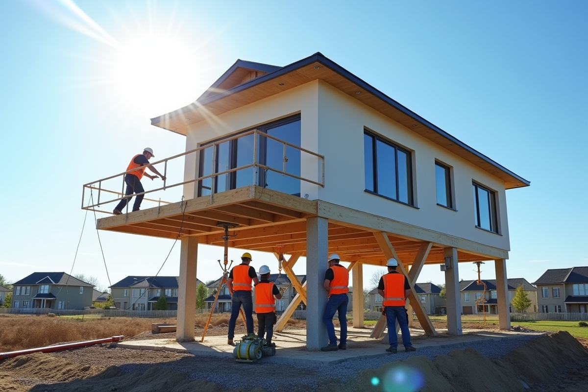 Équipe de construction levant une maison moderne sur des piliers