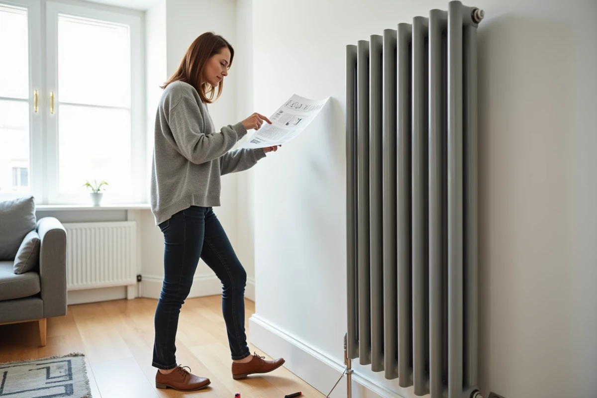 Femme consultant une fiche technique pour estimer le poids d'un radiateur en fonte installé dans un salon en cours de rénovation