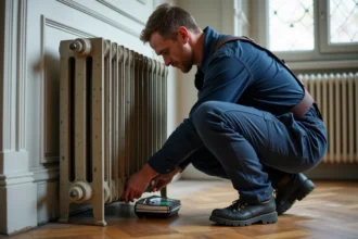 Plombier mesurant le poids d'un radiateur en fonte ancien avec une balance industrielle dans un appartement haussmannien en rénovation