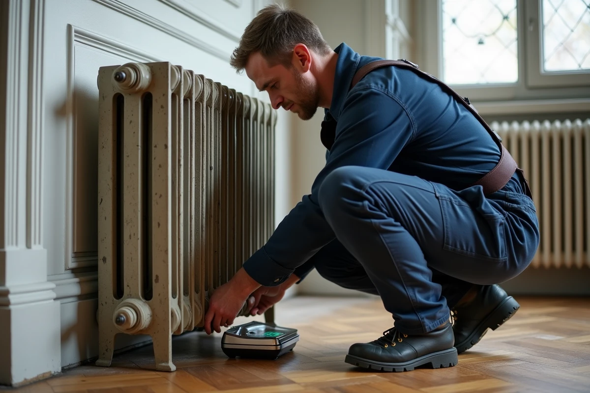 Plombier mesurant le poids d'un radiateur en fonte ancien avec une balance industrielle dans un appartement haussmannien en rénovation