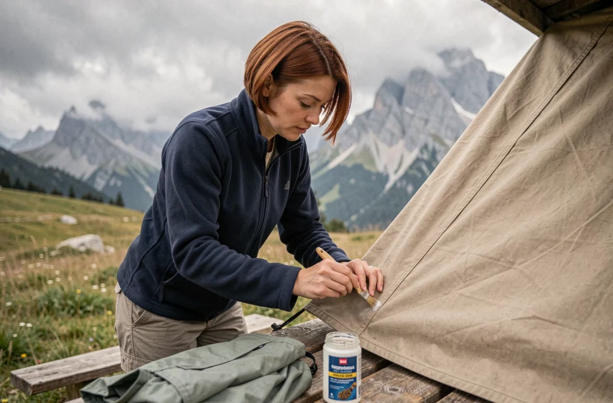 Femme appliquant du produit d'étanchéité sur les coutures d'une tente en toile lors d'une sortie camping en montagne