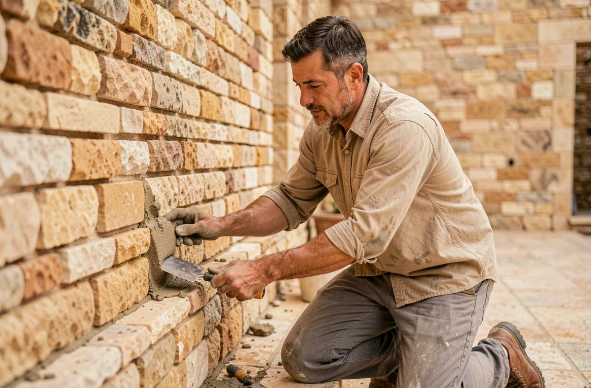Artisan maçon de l'EURL Busato appliquant du mortier sur un mur en pierre à Salon-de-Provence