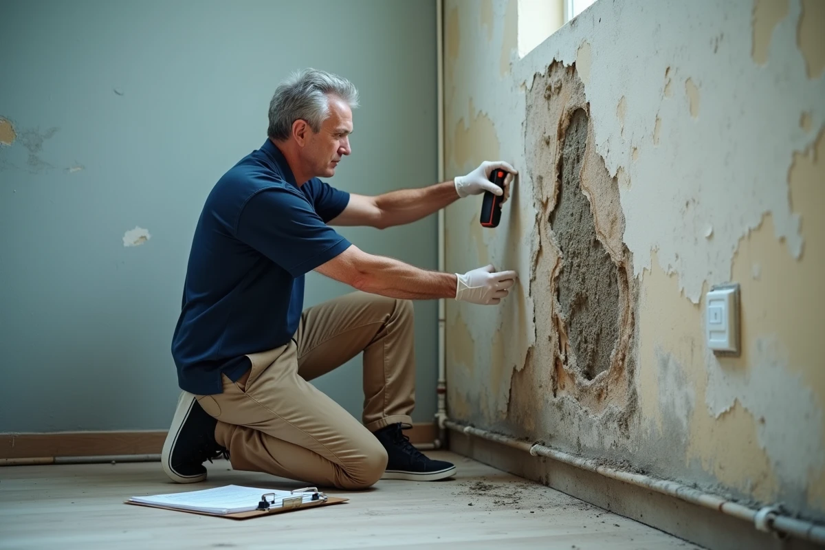 Expert en assurance habitation mesurant l'humidité d'un mur recouvert de moisissures dans un appartement vide lors d'une expertise