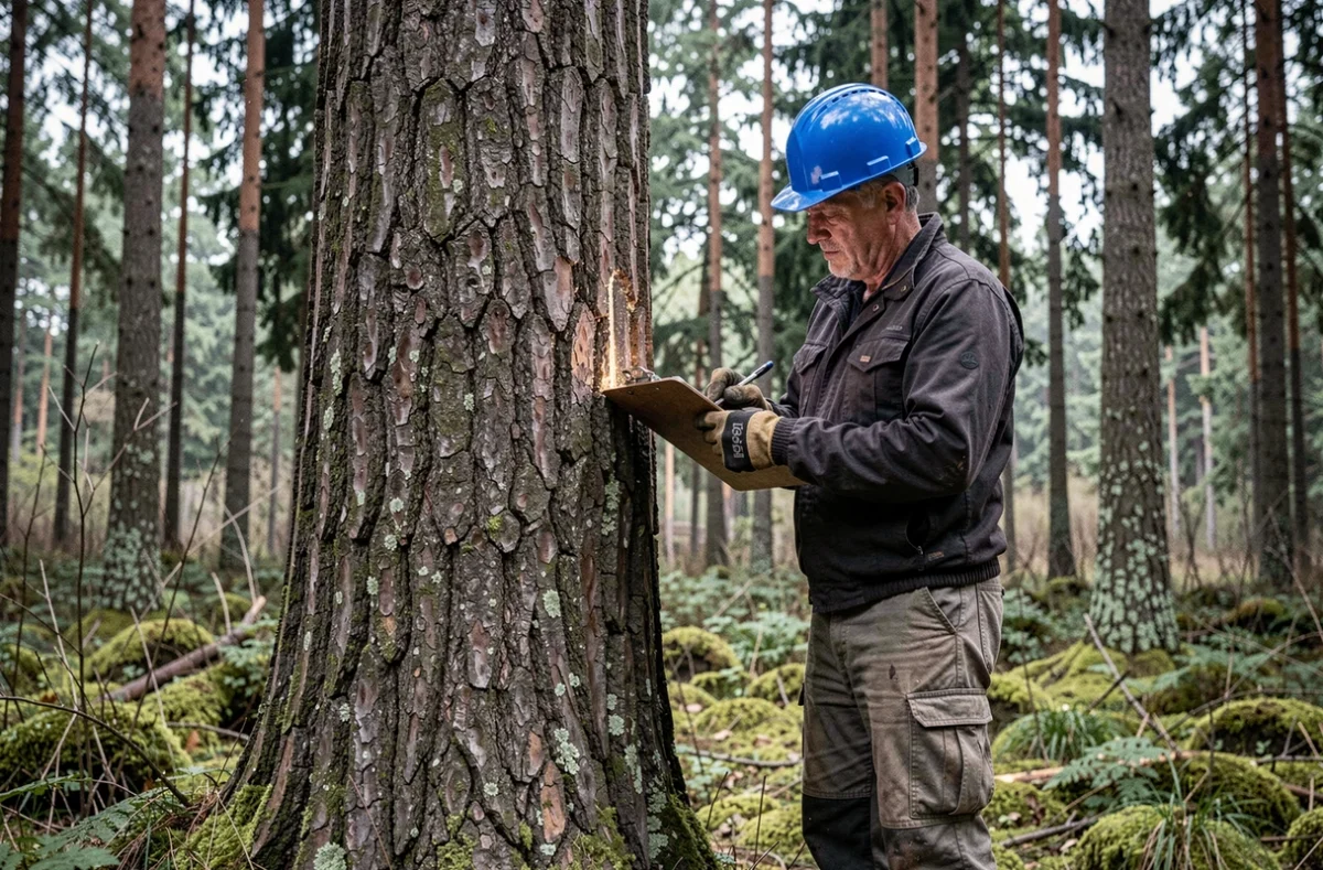 Expert arboriste évaluant un grand pin en forêt avant son abattage, prenant des notes sur un presse-papiers