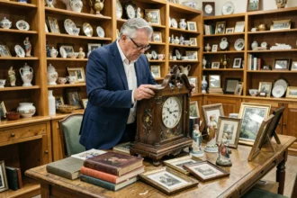 Expert en débarras qui évalue une horloge ancienne parmi des objets de seconde main dans une boutique de rachat
