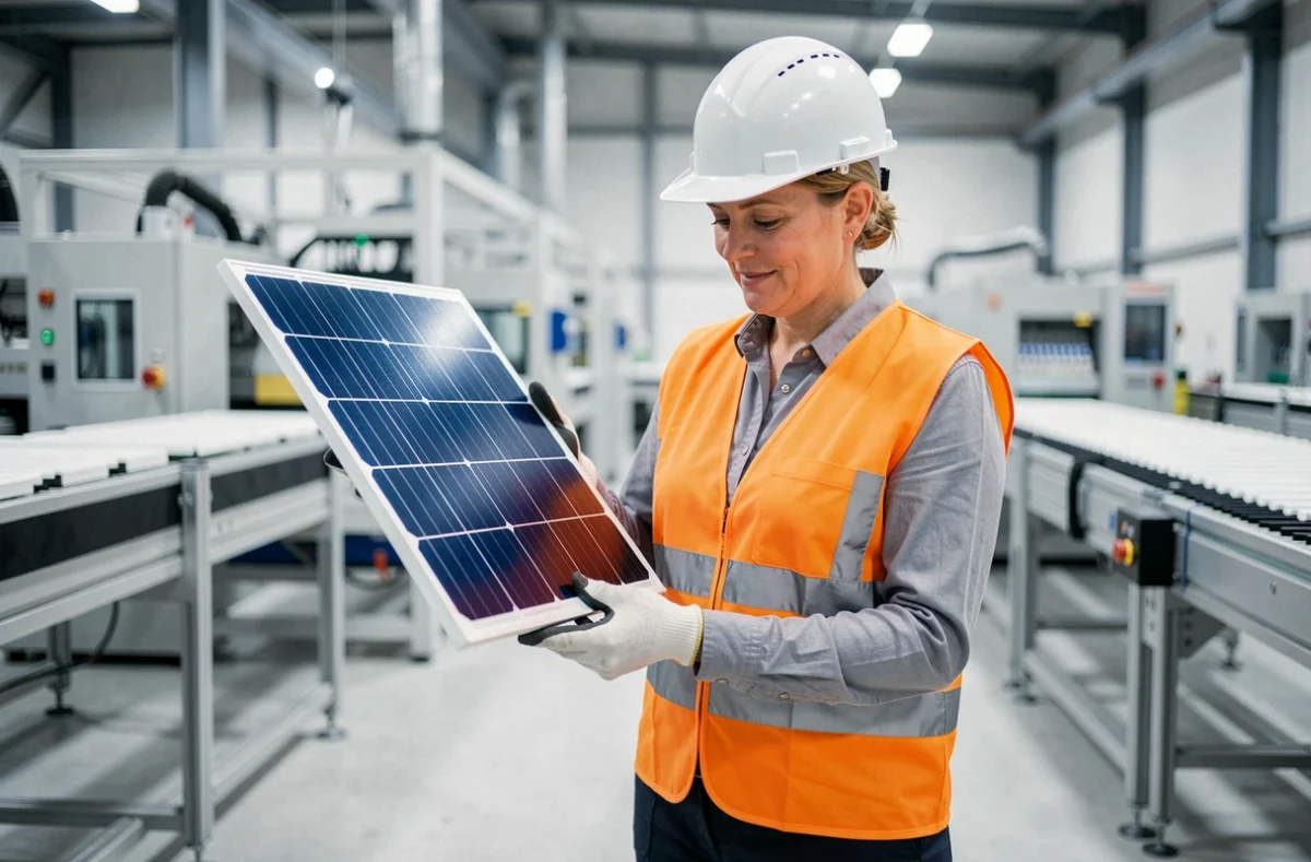 Ingénieure contrôlant la qualité d'un panneau photovoltaïque dans une usine de fabrication française
