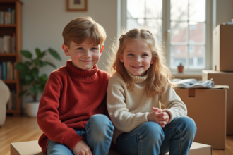Famille souriante assise sur des cartons dans un salon lumineux