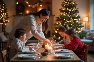 Famille en sweaters préparant la table de Noël chaleureuse