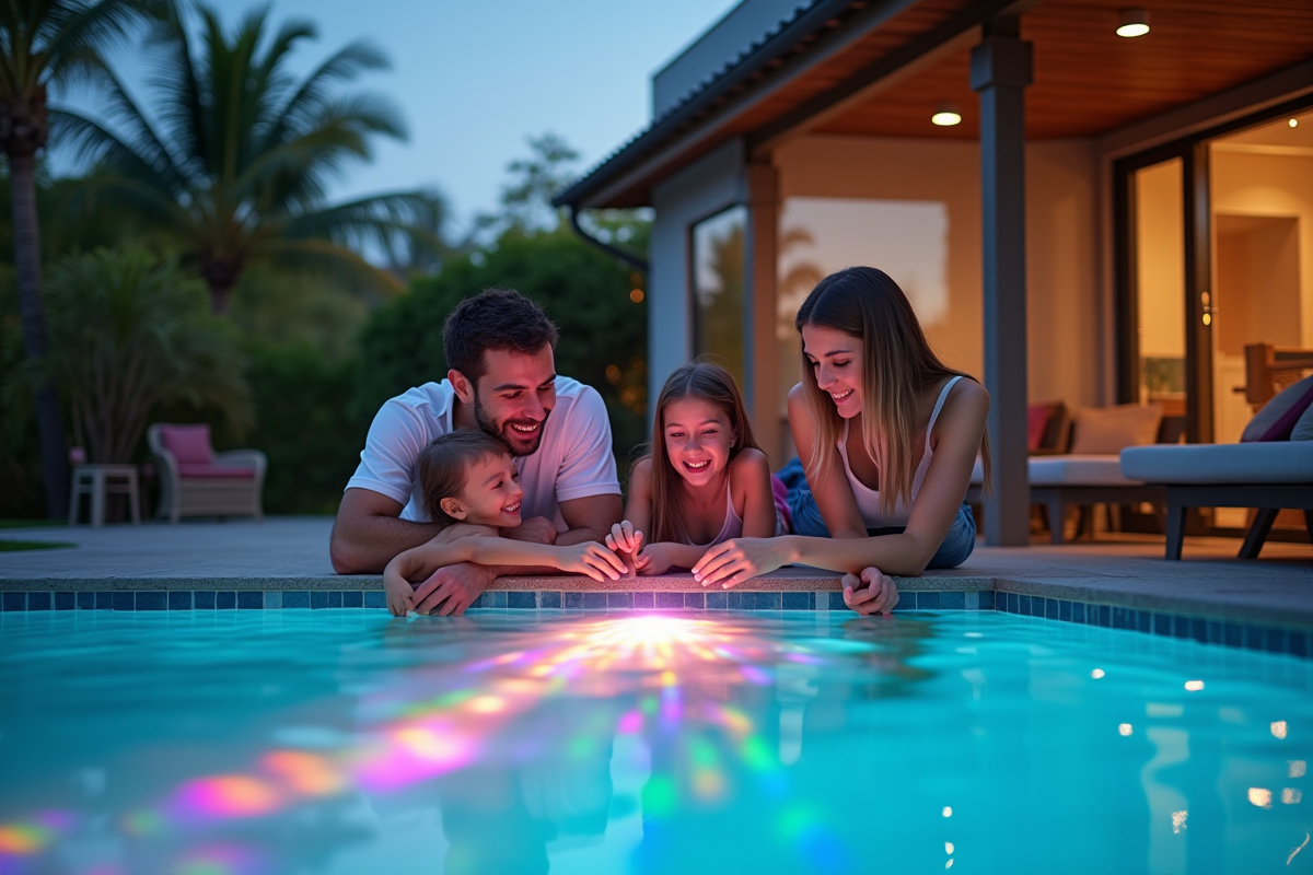 Famille autour de la piscine en journée avec projection colorée