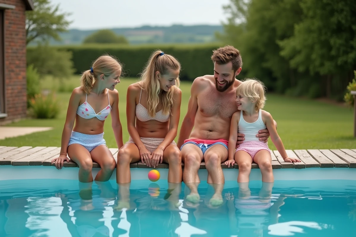 Famille heureuse assise au bord d