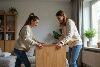 Femme et adolescent soulevant un meuble dans un salon organisé