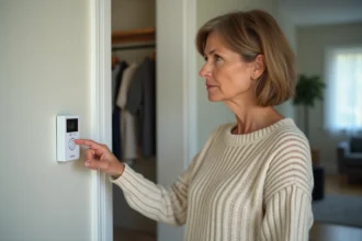 Femme examinant un clavier d'alarme Verisure installé près de sa porte d'entrée à domicile
