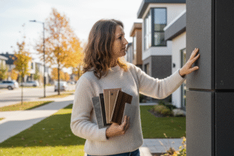 Femme examinant des échantillons architecturaux devant maisons modernes