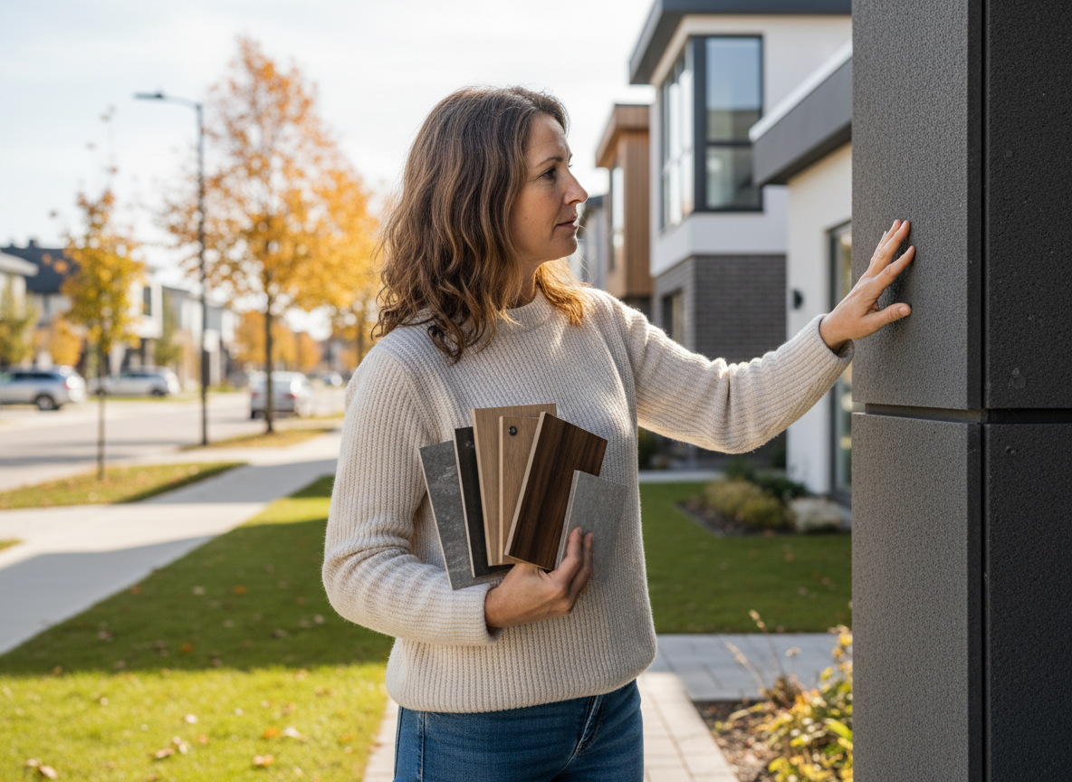 Femme examinant des échantillons architecturaux devant maisons modernes