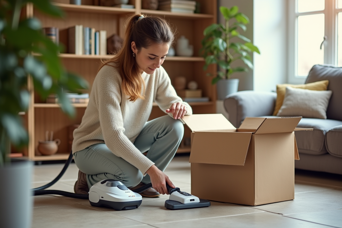 Jeune femme assemblant un nettoyeur vapeur dans le salon