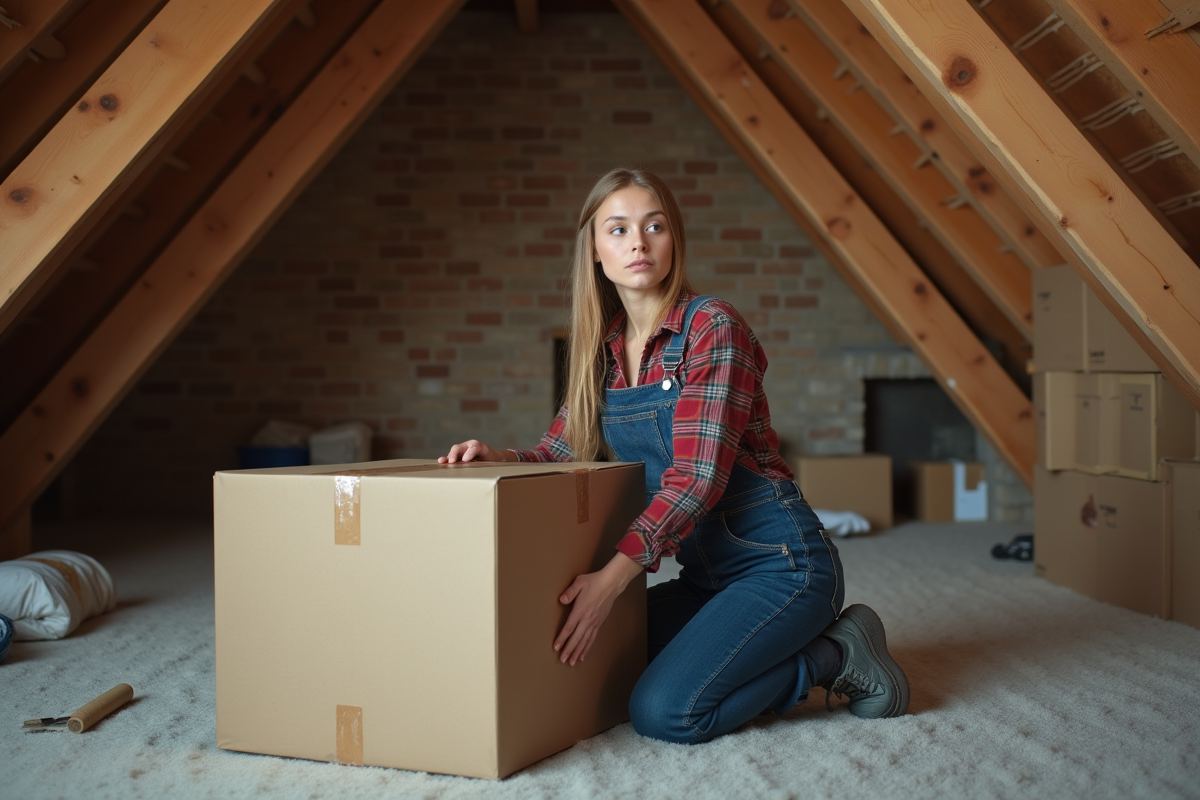 Jeune femme en overalls dans un grenier en construction manipulant une boîte