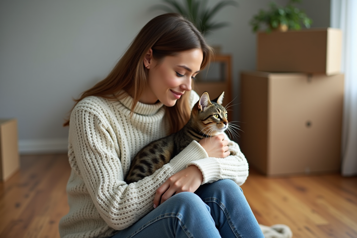 Femme avec un chat tabby dans un salon moderne