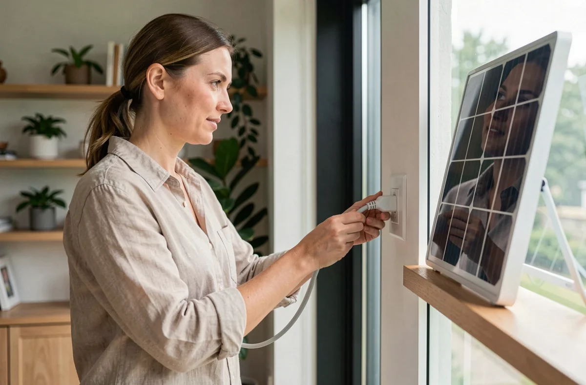 Femme branchant un panneau solaire plug and play à une prise murale dans un salon moderne