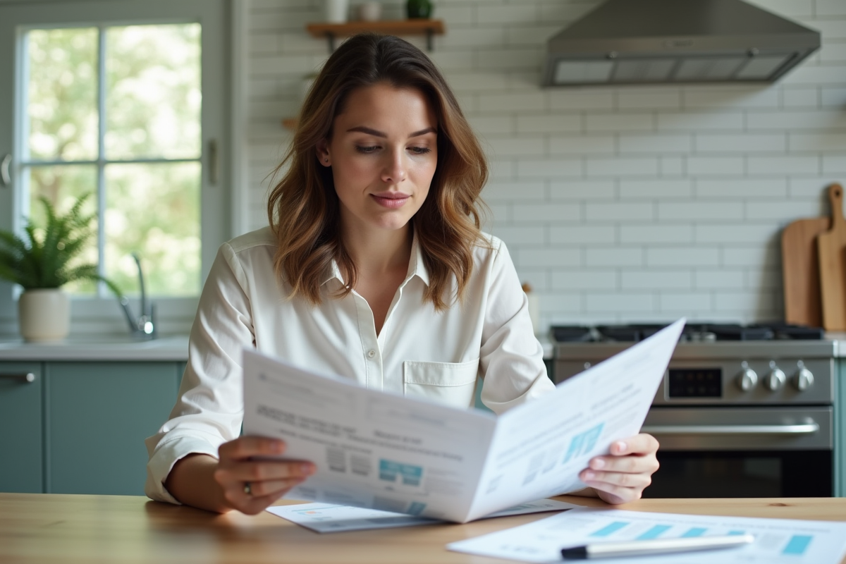 Jeune femme en cuisine étudie des brochures de fenêtres avec un ordinateur