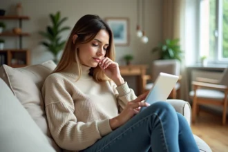 Femme assise sur un canapé avec une tablette dans un salon moderne