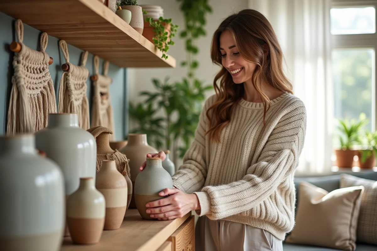 Femme arrangeant des vases en céramique dans un salon chaleureux
