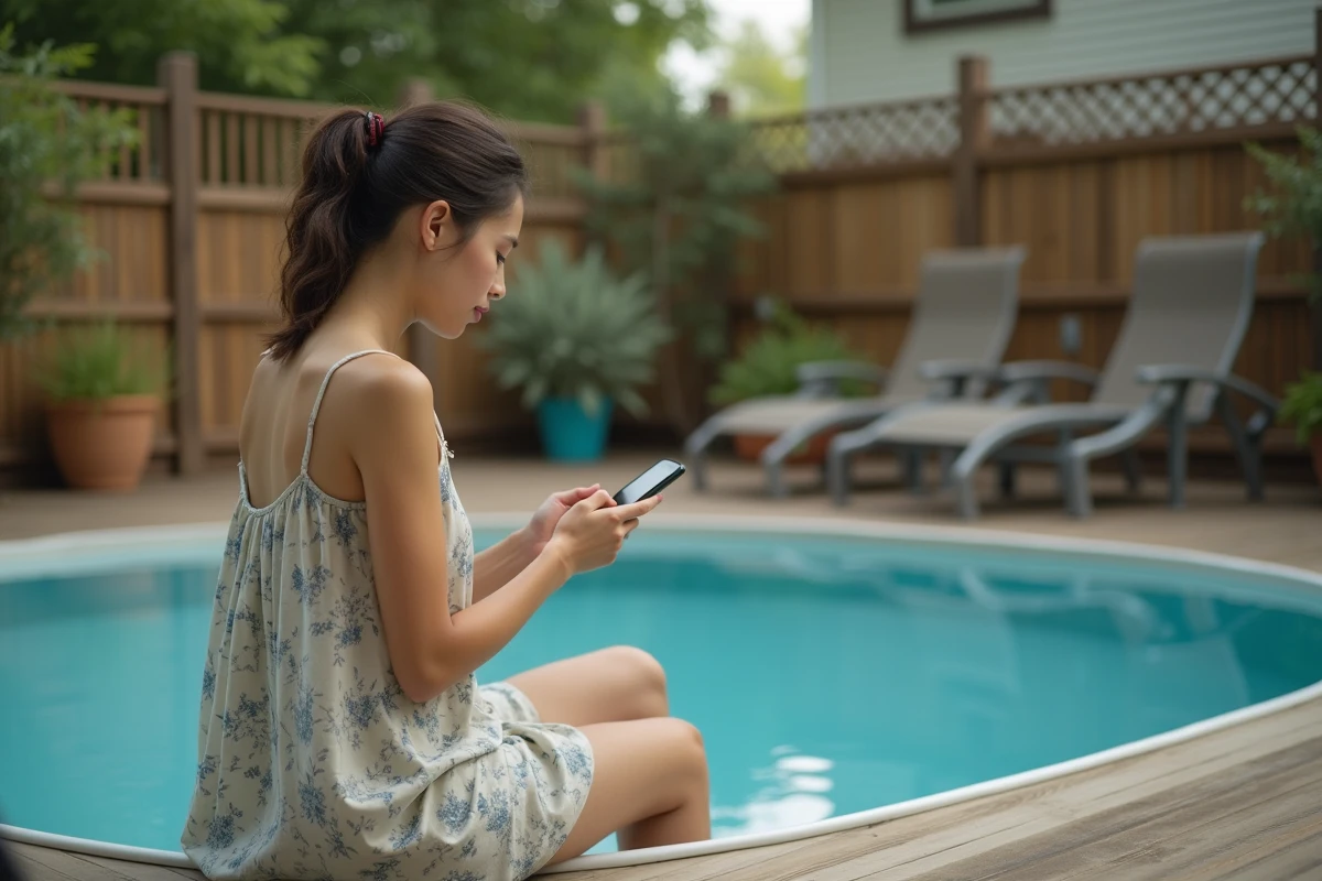Jeune femme assise au bord de la piscine vérifiant son téléphone