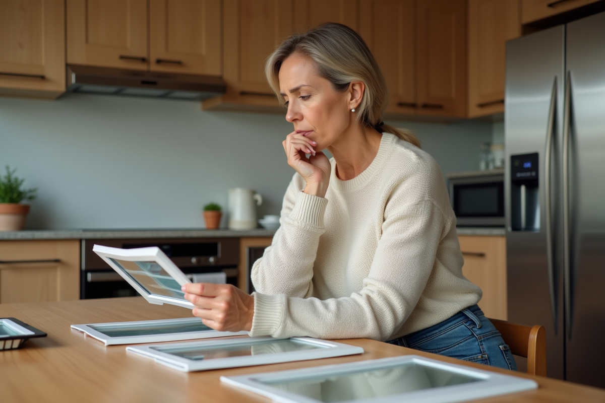 Femme moyenne âge compare fenêtres à double et triple vitrage