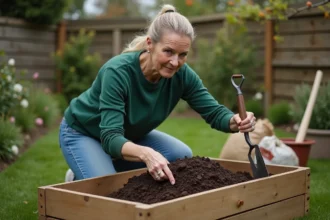 Femme en jeans vert tournant le compost dans le jardin