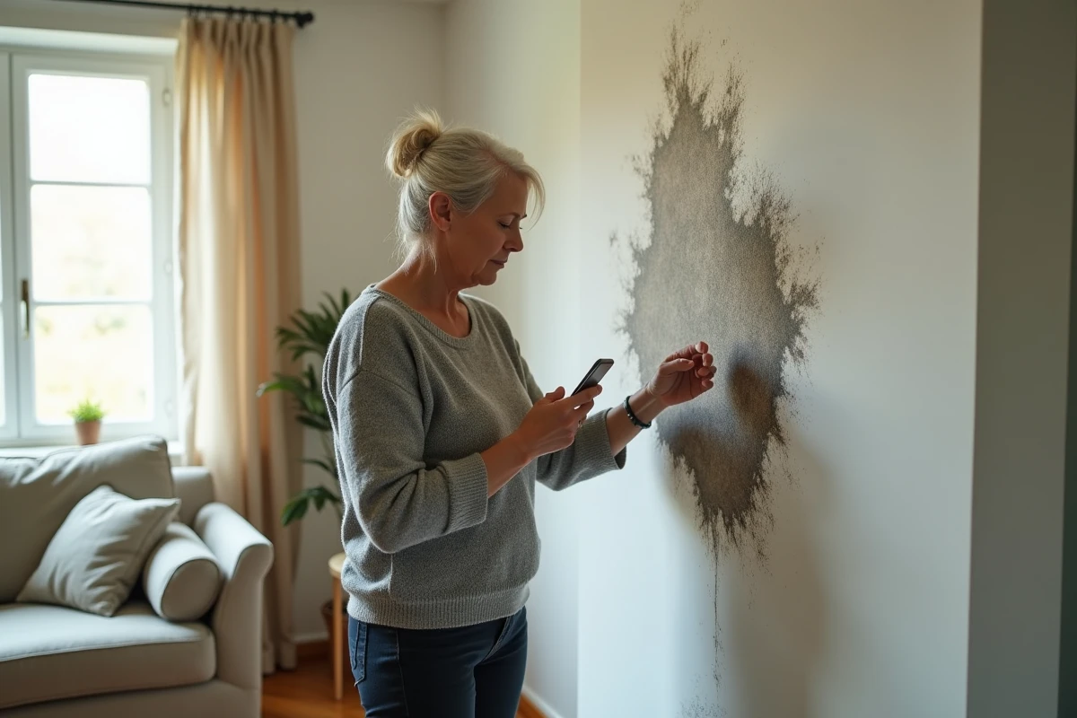 Femme examinant des champignons et traces d'humidité sur un mur de son salon, documentant les dégâts pour une déclaration d'assurance habitation