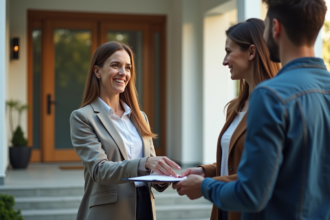 Femme souriante remettant un contrat à un couple devant une maison