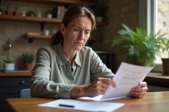 Femme française réfléchissant à des documents de logement