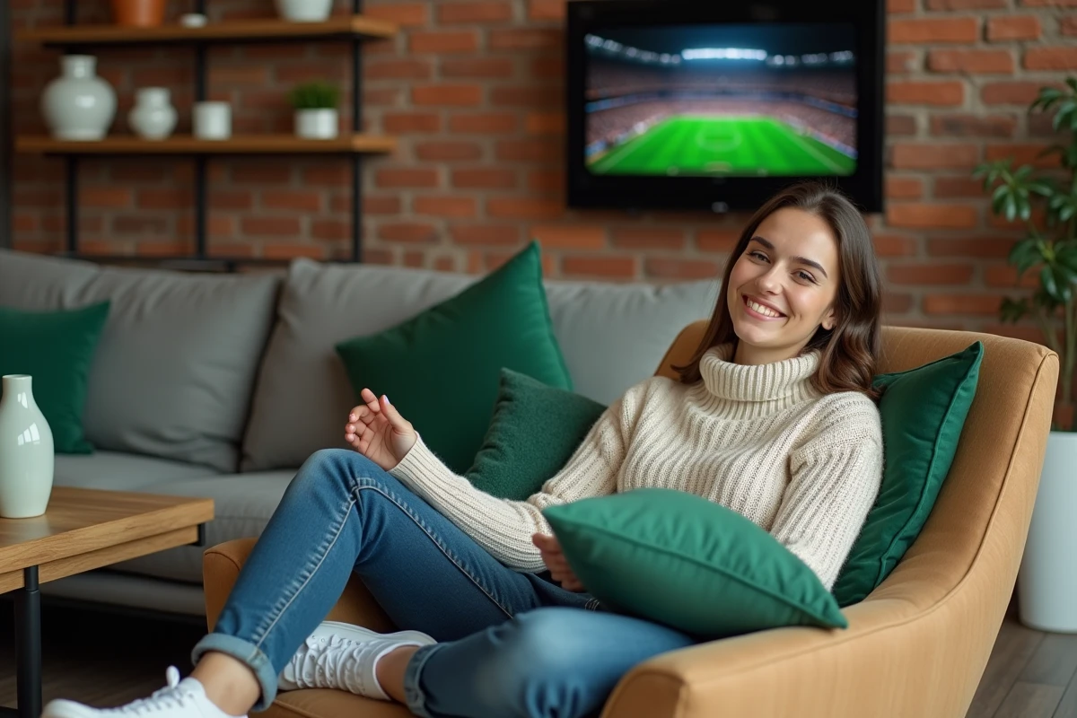 Femme arrangeant des coussins football dans un loft urbain