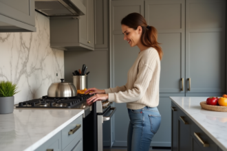 Femme ouvrant un four intégré dans une cuisine moderne