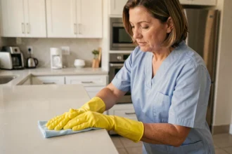 Femme de ménage en uniforme bleu essuyant un plan de travail dans une cuisine moderne, expression concentrée et professionnelle