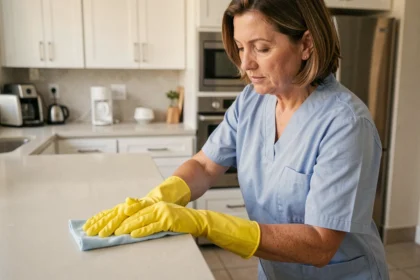 Femme de ménage en uniforme bleu essuyant un plan de travail dans une cuisine moderne, expression concentrée et professionnelle