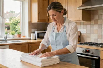 Femme de ménage pliant des serviettes dans une cuisine moderne, illustrant le travail domestique à domicile