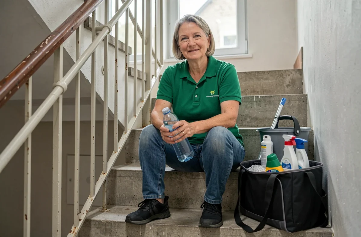 Femme de ménage faisant une pause sur un escalier, sourire authentique, équipement de nettoyage à ses côtés
