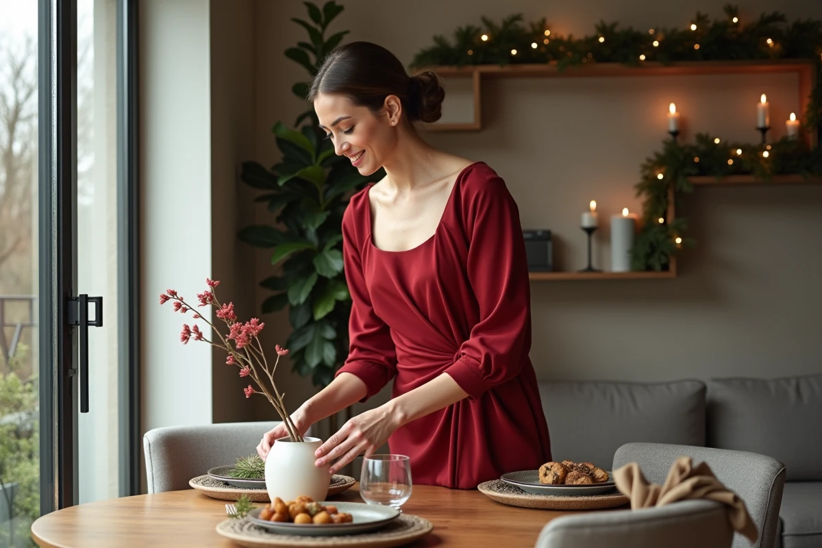Femme en robe rouge disposant un centre de table festif