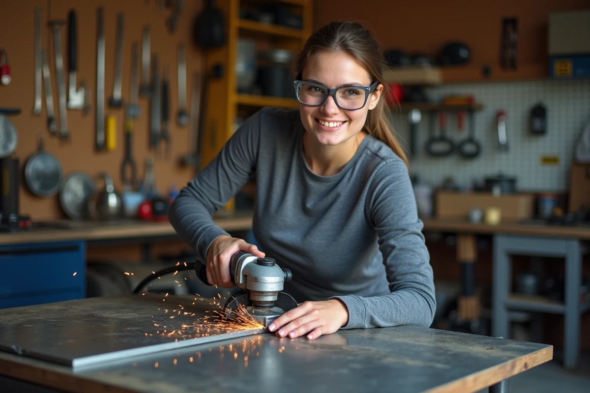 Femme bricoleur découpant une plaque de fer fine avec une meuleuse dans un garage DIY