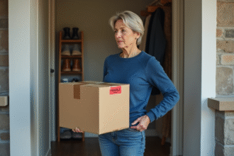 Femme vérifiant un colis fragile dans une entrée moderne