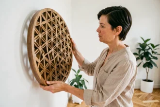 Femme examinant attentivement un mandala Fleur de vie en bois sculpté avant de l'installer chez elle