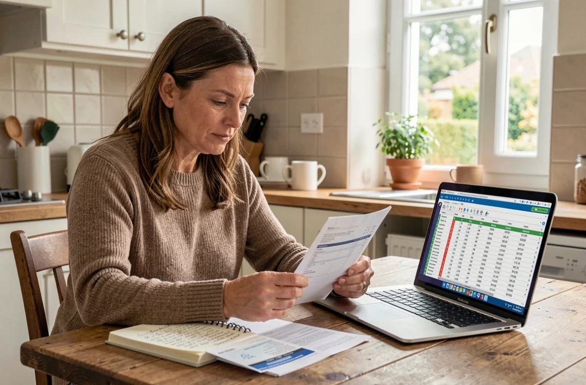 Femme consultant sa facture d'électricité et calculant la consommation annuelle de sa pompe à chaleur à domicile