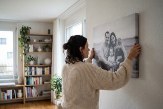 Femme accrochait un grand photo canvas dans son salon