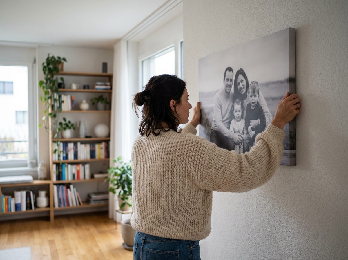Femme accrochait un grand photo canvas dans son salon