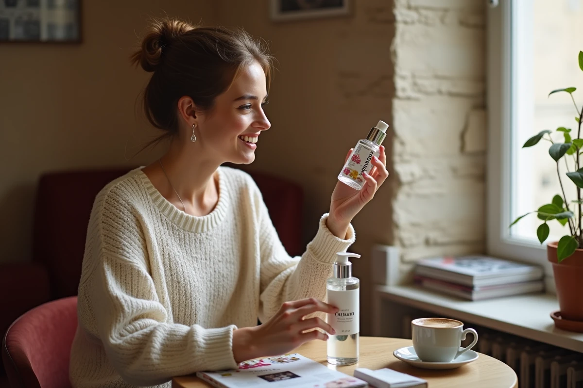 Femme inspectant un produit de soin reçu dans la Box Que J'adore Paris dans un appartement parisien chaleureux